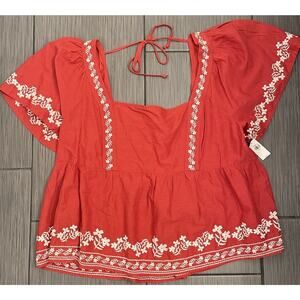 Old Navy XXL Flutter Sleeve Top Smocked Embroidered Red Swing Peasant Blouse NWT